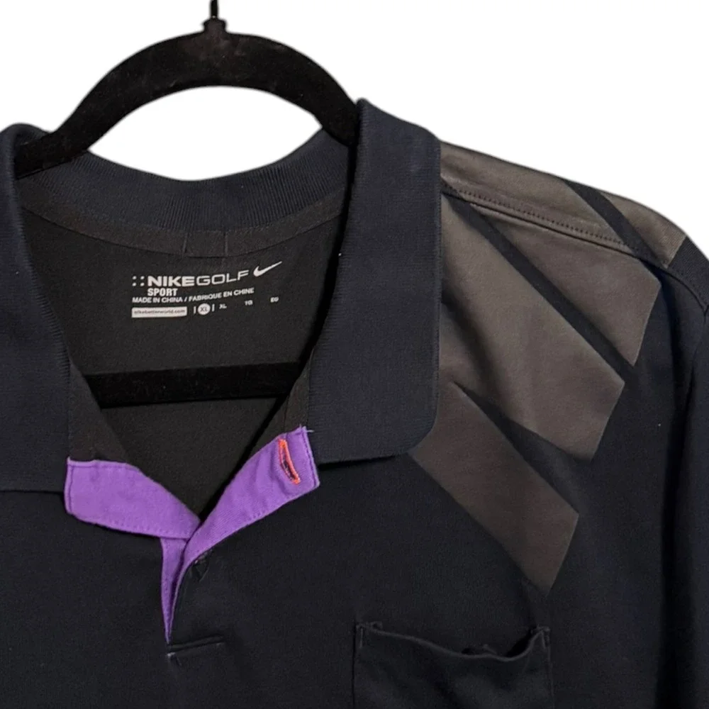 Nike Golf Sport Mens XL Black Purple Placket Graphic Shoulder Pocket Polo Shirt